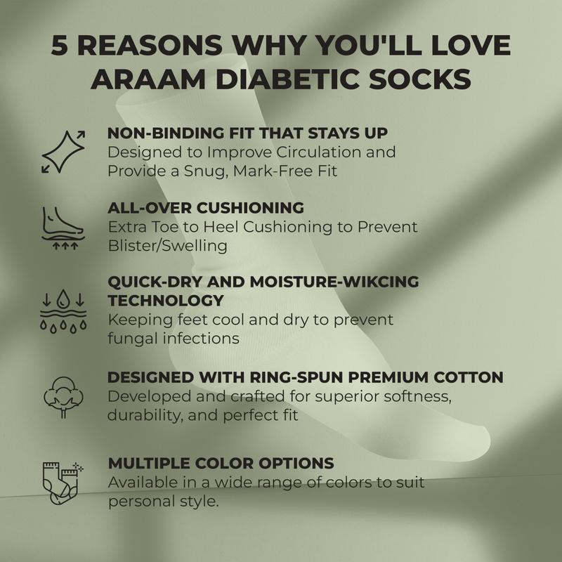 Araam Premium Cotton Crew Socks For Men & Women - Comfortable, Seamless, Non-Binding Socks For Diabetics, Pregnancy, Nurses, Athletic, & All-Day Wear