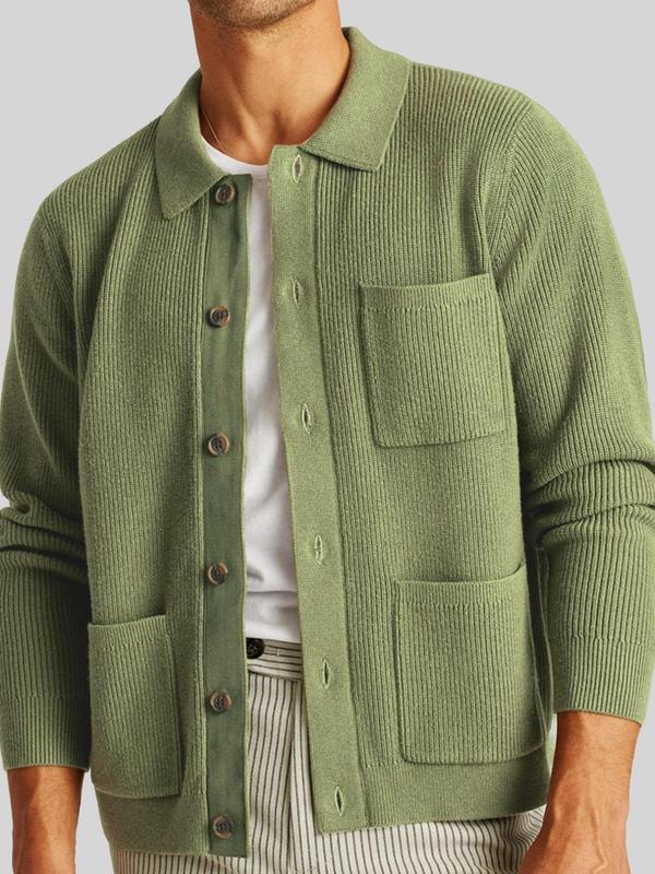 Men's Solid Button Front Pocket Cardigan, Regular Fit Casual Long Sleeve Collared Knitwear for Spring & Fall, Fashion Men's Knit Clothing for Daily Wear