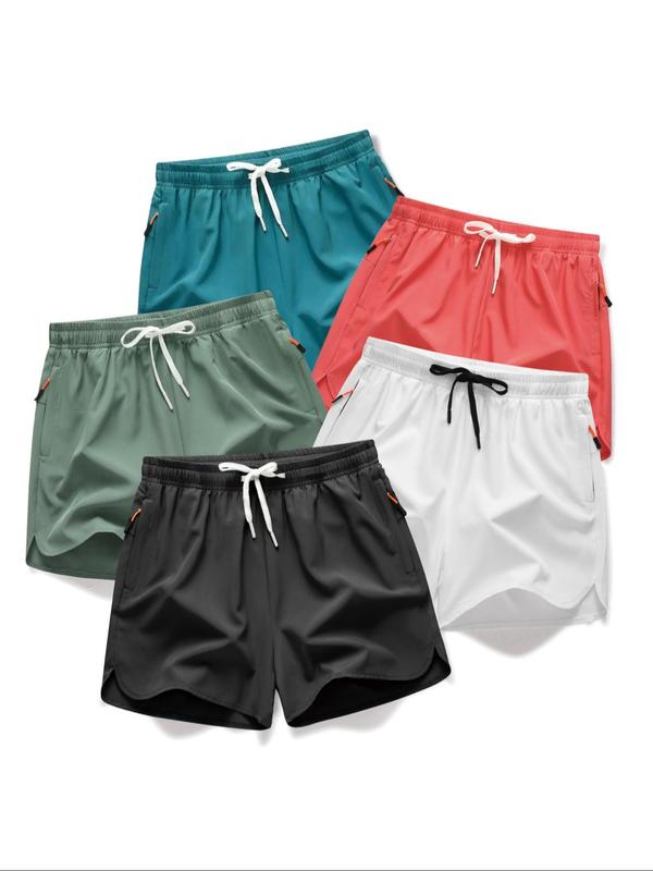 Men's Solid Drawstring Zipper Pocket Shorts, Casual Elastic Waist Beach Shorts for Summer Back To School, Breathable Men's Bottoms for Daily Wear,  Men Shorts