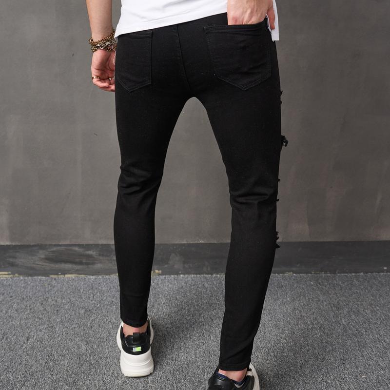 Men HipHop Holes Patch Printed Slim Jeans Trousers Male Stylish Distressed Jogging Skinny Pencil Denim Pants Menswear Underwear Human Streetwear Beige Plain