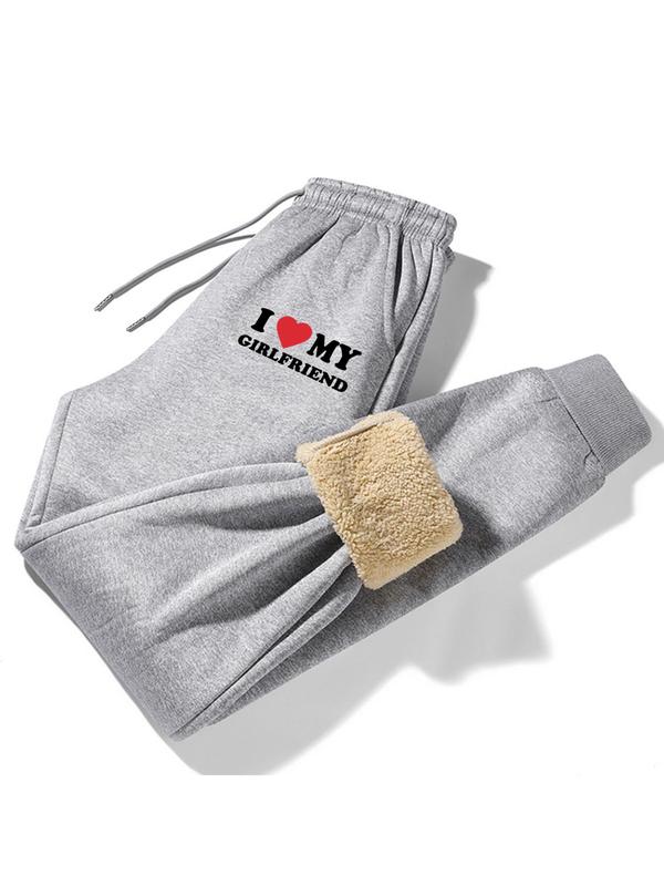 Men's Letter & Heart Print Drawstring Waist Sweatpants, Casual Regular Fit Pocket Jogger Pants for Daily Wear, Men's Trousers for Winter