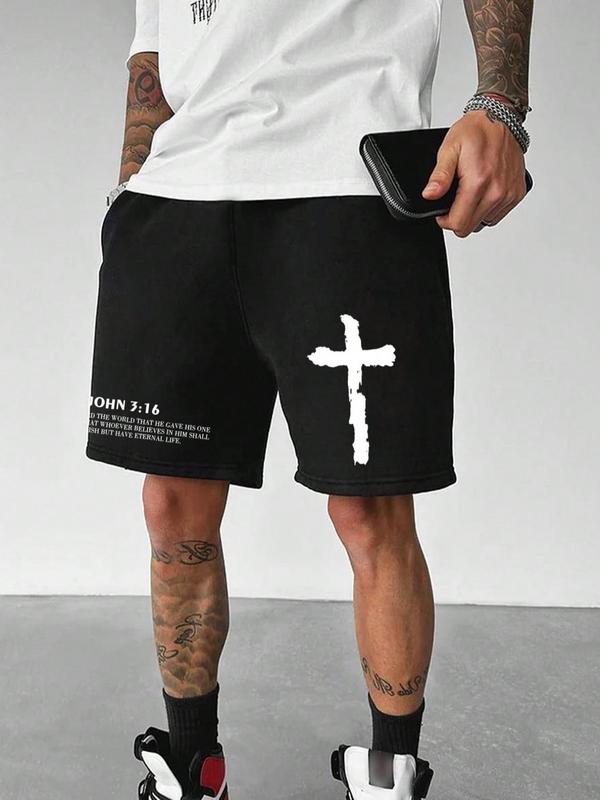 Men's Regular Fit Cross Print Drawstring Shorts, Street Fashion Casual Pocket Elastic Waist Track Shorts for Summer, Mens Streetwear for Daily Wear