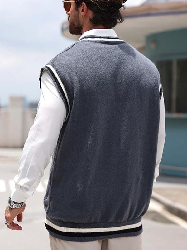  Contrast Binding V Neck Sweater Vest, Loose Casual Sleeveless Jumper Vest for Fall & Winter, Men's Knitwear for Daily Wear