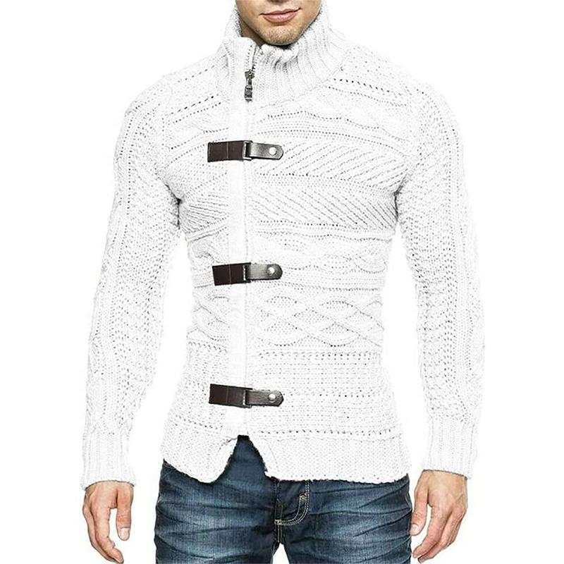 Runcati Men's Cable Knitted Oplique Zip Button Front Long Sleeve Cardigan Sweater