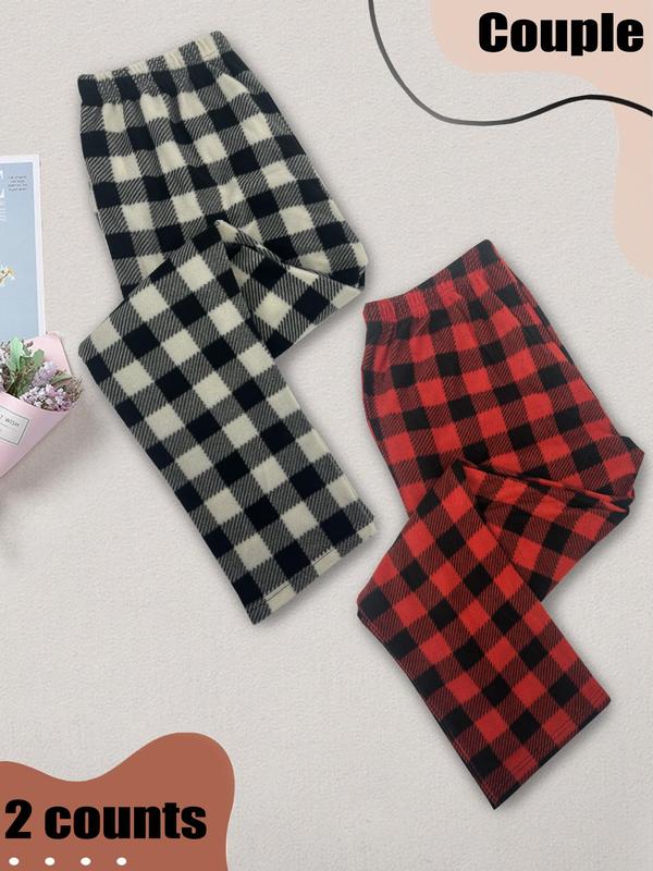 Couple Christmas Plaid Print Elastic Waist Sleep Pants, Casual Comfy Pajama Pants Trousers for Fall & Winter, Men's Sleepwear for Indoor Wear, Fall Wear, Fallfreshness Clothes