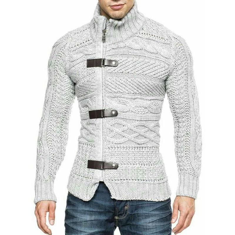 Runcati Men's Cable Knitted Oplique Zip Button Front Long Sleeve Cardigan Sweater