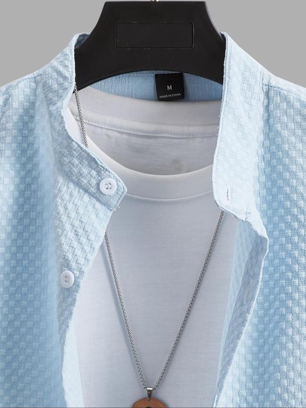 Men's Textured Button Front Shirt, Casual Short Sleeve Stand Collar Top for Summer, Fashion Men's Clothes for Daily Wear