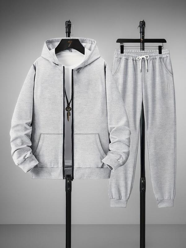 Men's Solid Zip Up Hoodie & Drawstring Waist Sweatpants Two-Piece Set, Casual Regular Fit Long Sleeve Hooded Sweatshirt & Jogger Pants for Daily Wear, Men's Two-piece Outfits for All Seasons