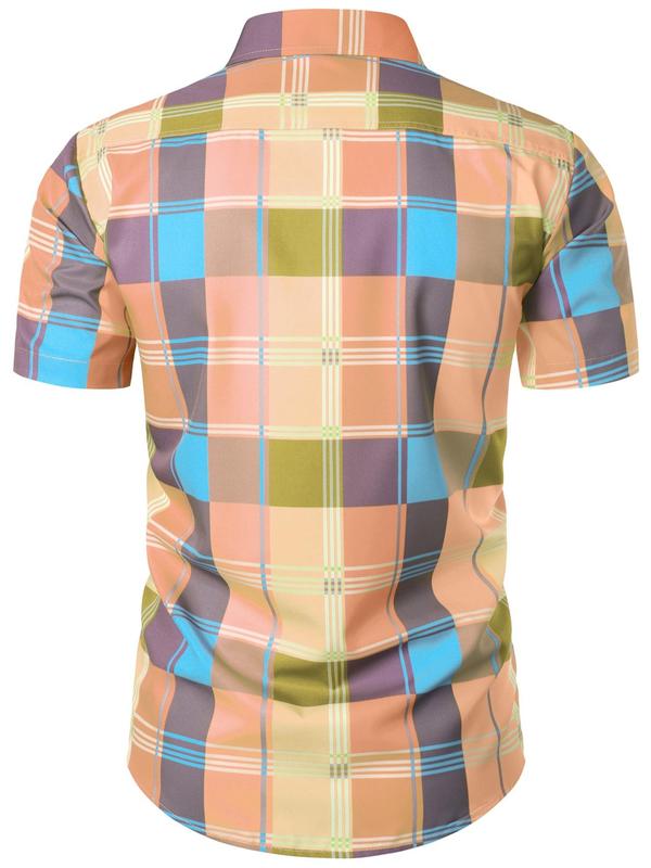 Men's Regular Fit Plaid Print Button Front Shirt, Short Sleeve Collar Top for Summer, Casual Daily Streetwear for Men