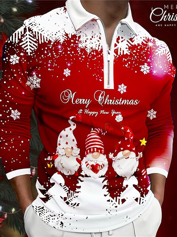 Men's Christmas Print Half Zip Polo Shirt, Regular Fit Casual Long Sleeve Collared Top for Spring & Fall, Fashion Men's Clothes for Daily Wear