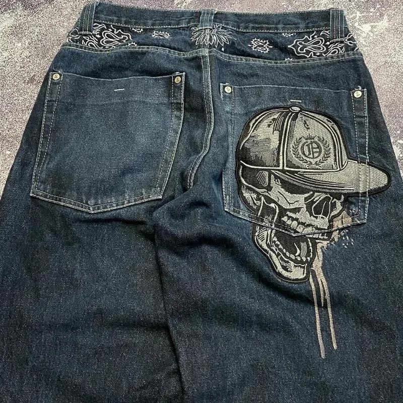 American Y2k Hip Hop Wide Leg Pants, Gothic Zipper Skull Embroidered Jeans, Men Harajuku Vintage High Waist Casual Jeans Unisex