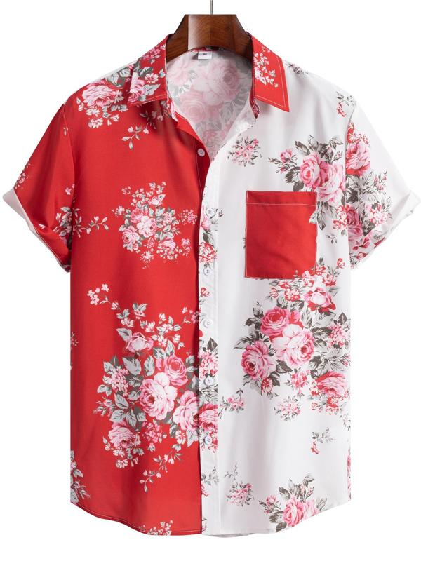 Men's Regular Fit Colorblock Floral Print Button Front Pocket Shirt, Printed Summer Clothes, Short Sleeve Collared Button Up Top For Summer, Fashion Casual Men's Clothes For Beach Vacation Holiday