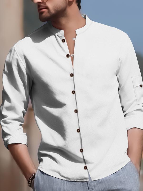 Men's Casual Retro Style Henley with Button-Up Stand Collar for Spring and Fall Menswear Long Sleeve