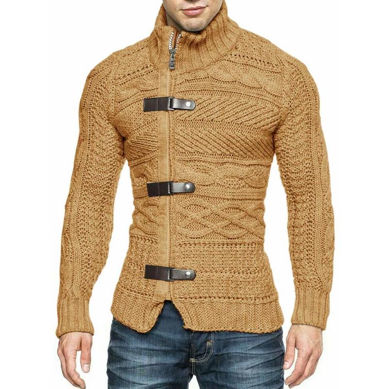 Runcati Men's Cable Knitted Oplique Zip Button Front Long Sleeve Cardigan Sweater