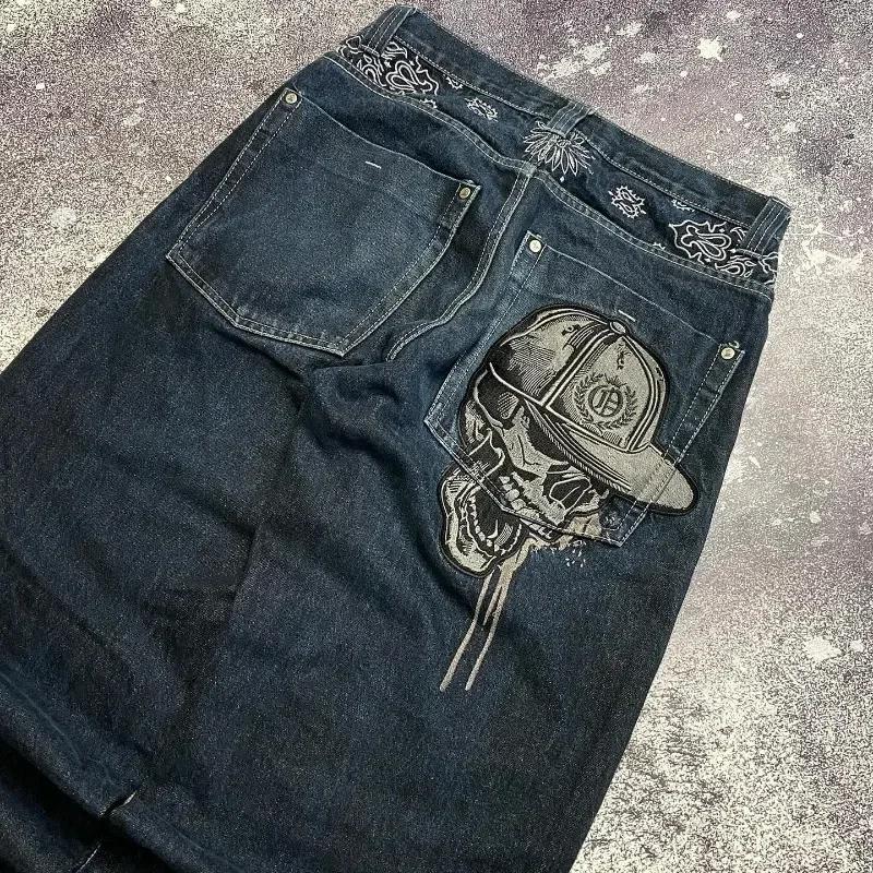 American Y2k Hip Hop Wide Leg Pants, Gothic Zipper Skull Embroidered Jeans, Men Harajuku Vintage High Waist Casual Jeans Unisex