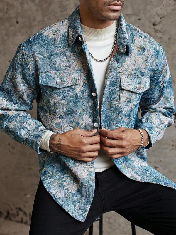  Floral Print Drop Shoulder Button Front Jacket, Casual Long Sleeve Pocket Collared Outerwear for Fall & Winter, Men's Clothes for Daily Wear