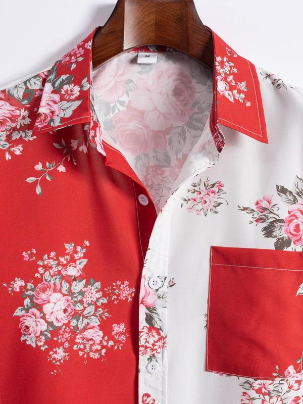 Men's Regular Fit Colorblock Floral Print Button Front Pocket Shirt, Printed Summer Clothes, Short Sleeve Collared Button Up Top For Summer, Fashion Casual Men's Clothes For Beach Vacation Holiday