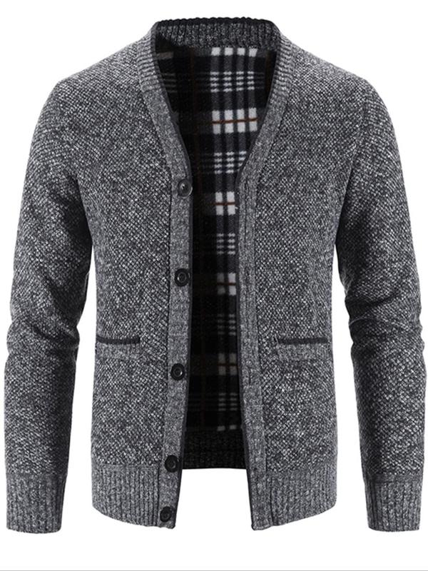 Men's Patchwork Print Button Front Cardigan, Regular Fit Casual Long Sleeve V Neck Pocket Cardigan Sweater for Fall & Winter, Men's Knitwear for Daily Wear