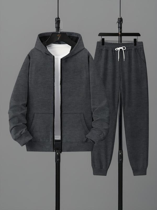 Men's Solid Zip Up Hoodie & Drawstring Waist Sweatpants Two-Piece Set, Casual Regular Fit Long Sleeve Hooded Sweatshirt & Jogger Pants for Daily Wear, Men's Two-piece Outfits for All Seasons