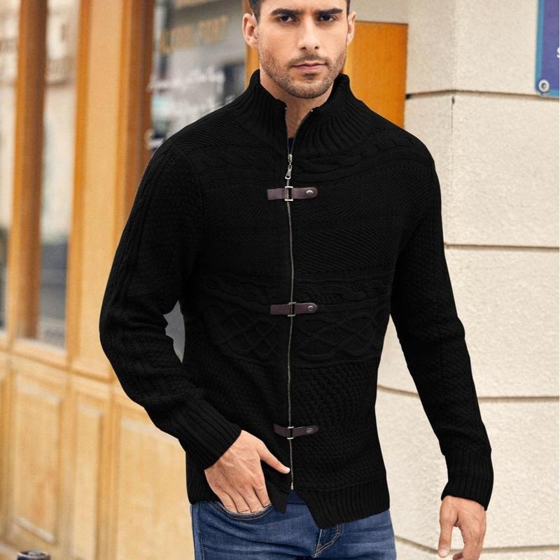 Runcati Men's Cable Knitted Oplique Zip Button Front Long Sleeve Cardigan Sweater