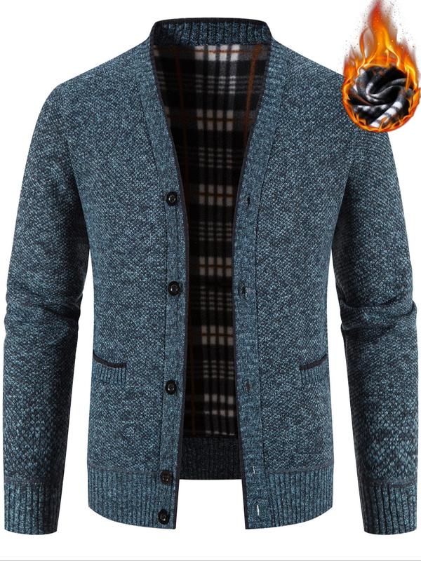 Men's Patchwork Print Button Front Cardigan, Regular Fit Casual Long Sleeve V Neck Pocket Cardigan Sweater for Fall & Winter, Men's Knitwear for Daily Wear