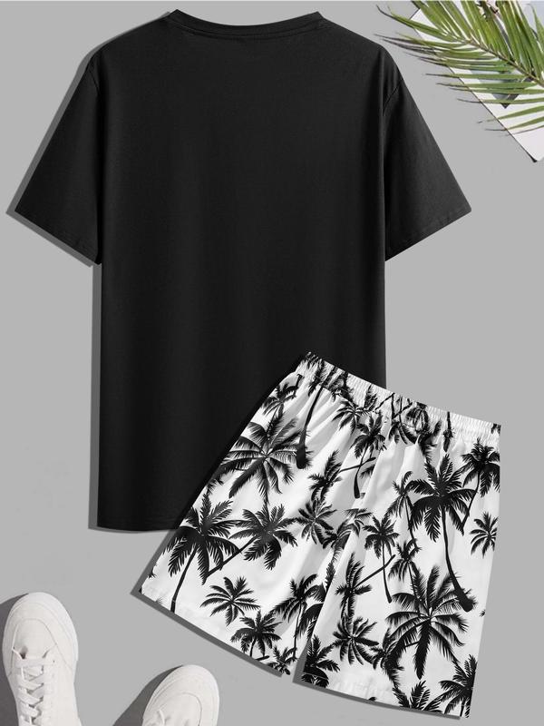 Two-Piece Set Men's Coconut Tree Print Tee & Drawstring Waist Shorts Set, Regular Fit Round Neck Short Sleeve T-Shirt & Pocket Beach Shorts, Casual Fashion Cozy Breathable Men Two-Piece Outfits For Summer