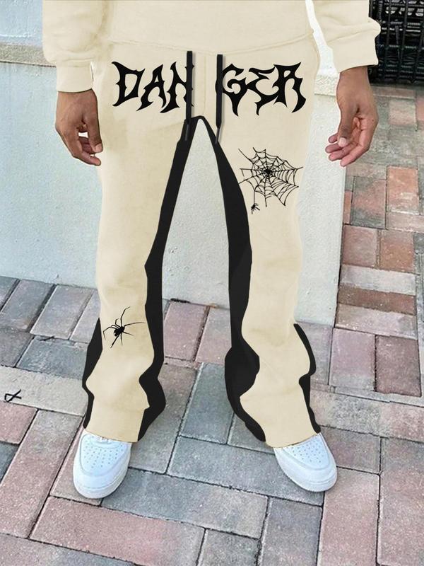 Men's Colorblock Spider Web & Letter Print Drawstring Waist Flare Leg Pants, Street Fashion Casual Pocket Trousers for Daily Wear, Mens Bottoms for All Seasons