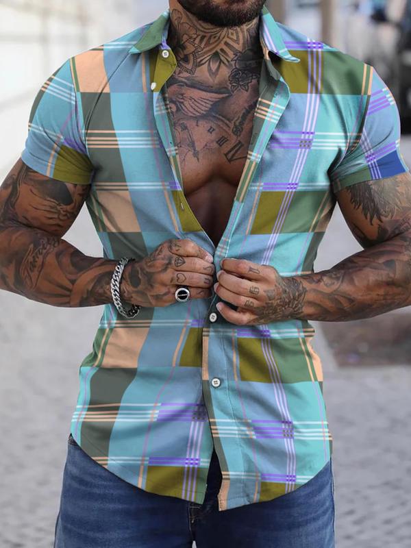 Men's Regular Fit Plaid Print Button Front Shirt, Short Sleeve Collar Top for Summer, Casual Daily Streetwear for Men