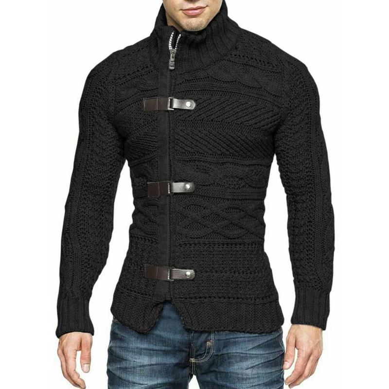 Runcati Men's Cable Knitted Oplique Zip Button Front Long Sleeve Cardigan Sweater