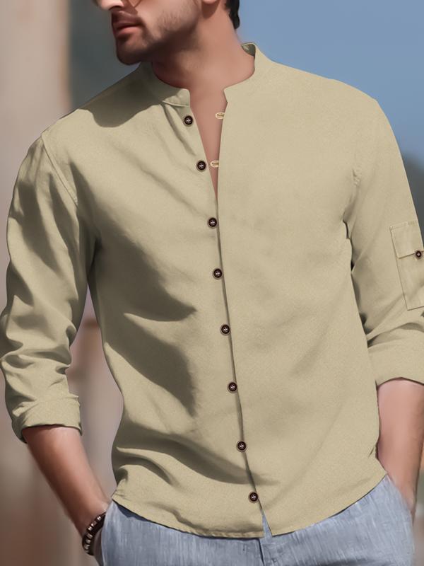 Men's Casual Retro Style Henley with Button-Up Stand Collar for Spring and Fall Menswear Long Sleeve