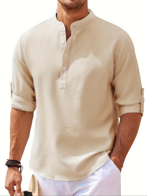 Men's Regular Fit Half Button Polo Shirt, Casual Long Sleeve Collared Top for Spring & Fall, Fashion Men's Clothes for Daily Wear