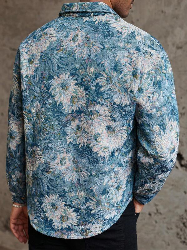  Floral Print Drop Shoulder Button Front Jacket, Casual Long Sleeve Pocket Collared Outerwear for Fall & Winter, Men's Clothes for Daily Wear