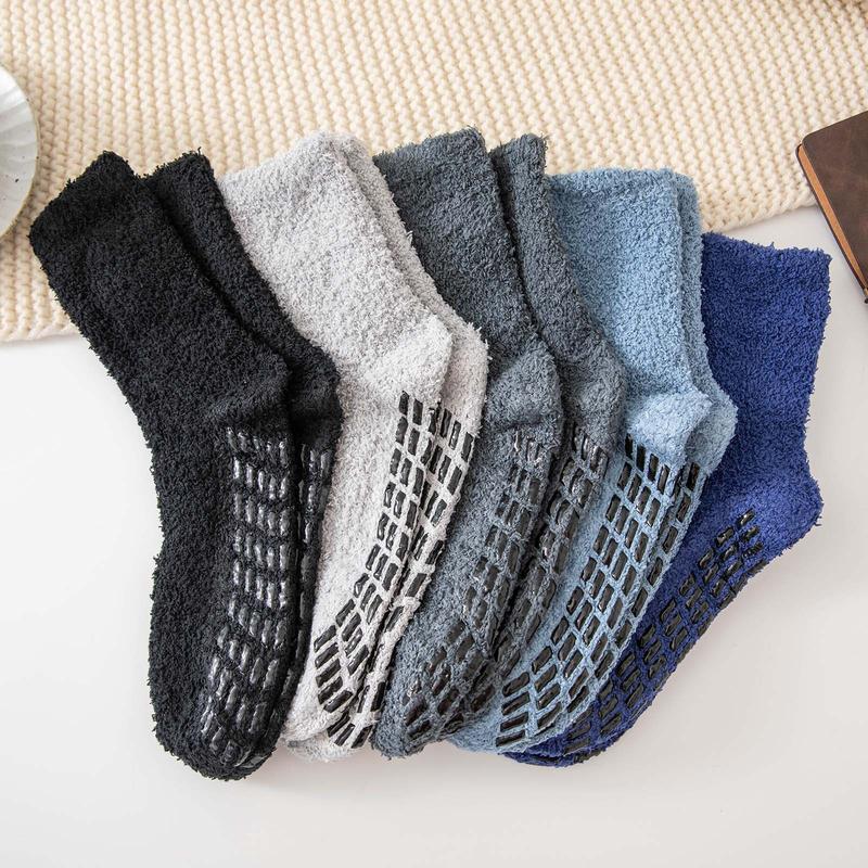 5 pairs of plush socks set with dotted soles, winter fluffy slipper socks for men, comfortable, warm, non-slip, plush sleeping foot socks