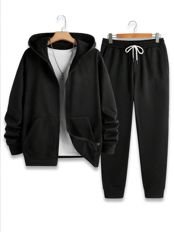 Men's Solid Zip Up Hoodie & Drawstring Waist Sweatpants Two-Piece Set, Casual Regular Fit Long Sleeve Hooded Sweatshirt & Jogger Pants for Daily Wear, Men's Two-piece Outfits for All Seasons