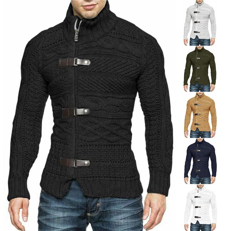 Runcati Men's Cable Knitted Oplique Zip Button Front Long Sleeve Cardigan Sweater