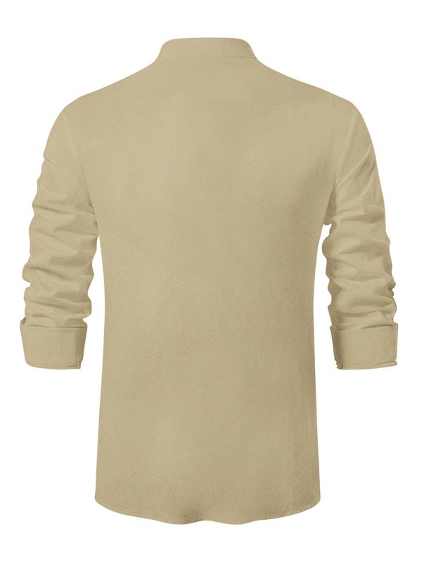 Men's Casual Retro Style Henley with Button-Up Stand Collar for Spring and Fall Menswear Long Sleeve