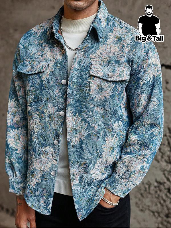  Floral Print Drop Shoulder Button Front Jacket, Casual Long Sleeve Pocket Collared Outerwear for Fall & Winter, Men's Clothes for Daily Wear