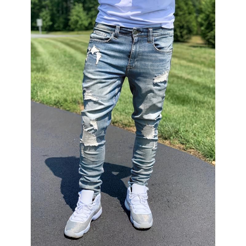 Slim Fit Vintage Style Denim Pants For Men, Ripped Jeans For All Seasons Menswear Polyester Menswear Polyester