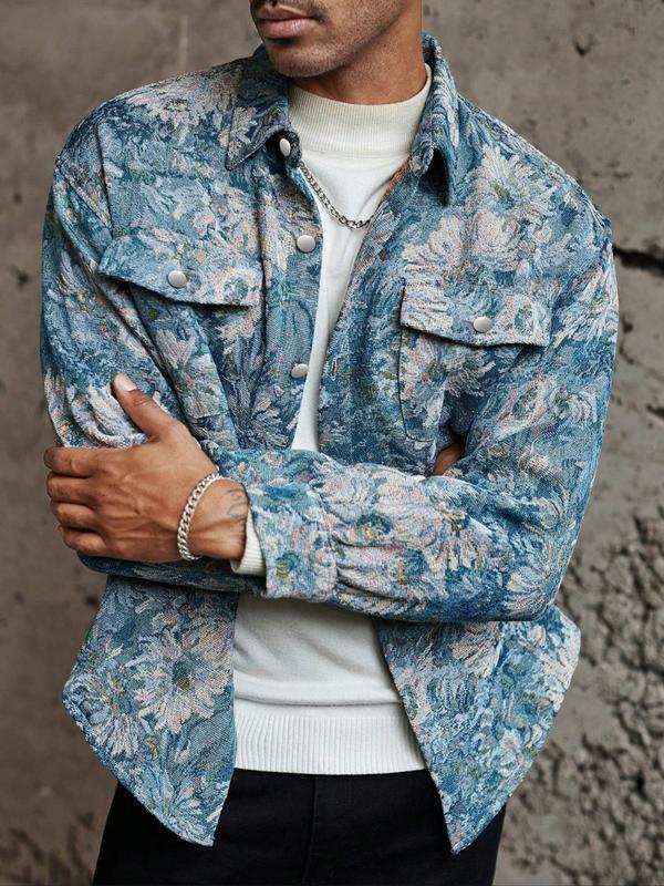  Floral Print Drop Shoulder Button Front Jacket, Casual Long Sleeve Pocket Collared Outerwear for Fall & Winter, Men's Clothes for Daily Wear