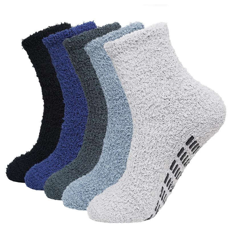 5 pairs of plush socks set with dotted soles, winter fluffy slipper socks for men, comfortable, warm, non-slip, plush sleeping foot socks