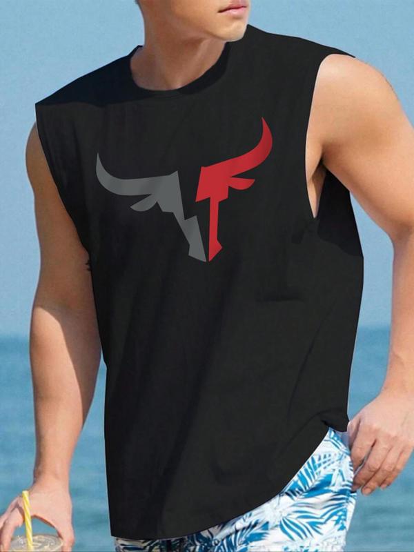 Men's Bull Head Print Round Neck Tank Top, Regular Fit Casual Sleeveless Crew Neck Top for Summer, Fashion Men's Clothes for Daily Wear