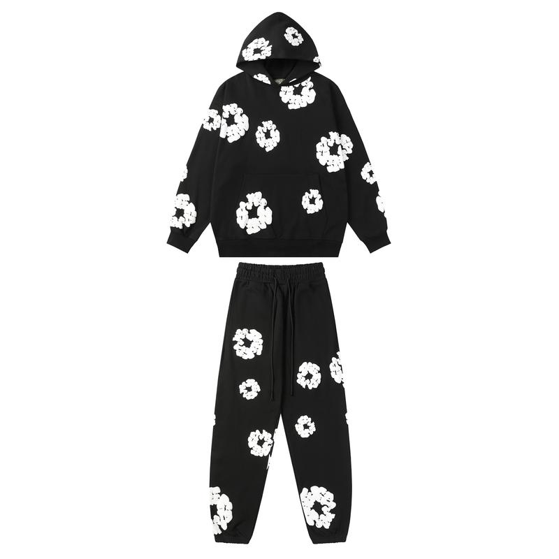 Denim Tears Cross-Border Kapok Foam Flower Suit High Street Loose Hooded Sweatshirt and Sweatpants Christmas Tide