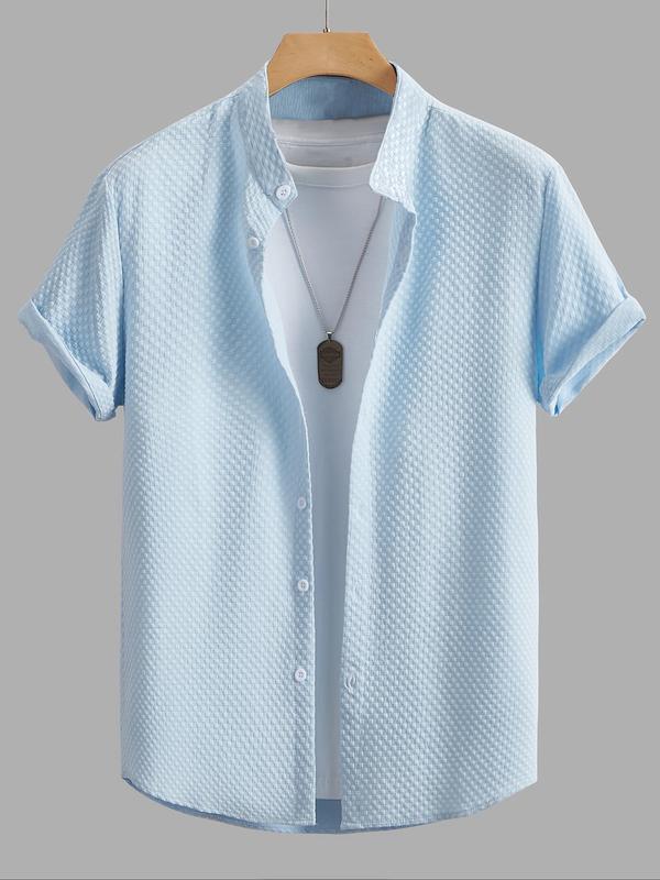 Men's Textured Button Front Shirt, Casual Short Sleeve Stand Collar Top for Summer, Fashion Men's Clothes for Daily Wear