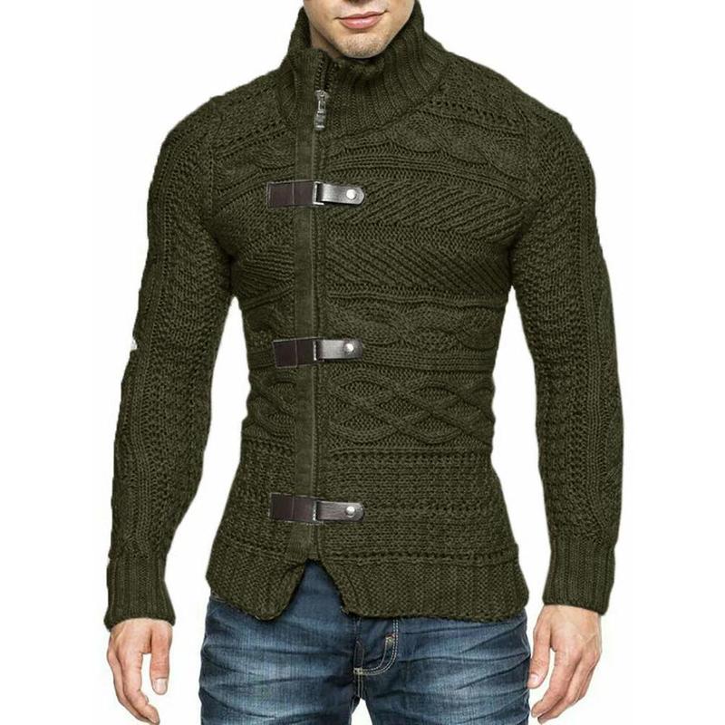 Runcati Men's Cable Knitted Oplique Zip Button Front Long Sleeve Cardigan Sweater