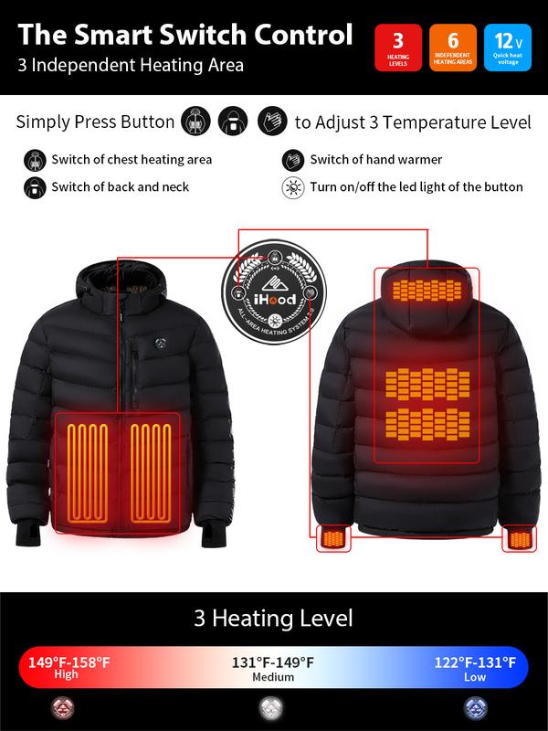 iHood Men's Heated Jacket With 12V Battery Pack-Insulated Lightweight Hooded Hand-Heating Electric Heated Puffer Jacket