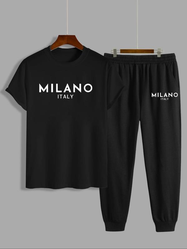 Two-Piece Set Men's Letter Print Tee & Pocket Elastic Waist Pants, Regular Fit Round Neck Short Sleeve T-shirt & Jogger Pants, Casual Fashion Cozy Breathable Men Two-piece Outfits for Spring & Fall