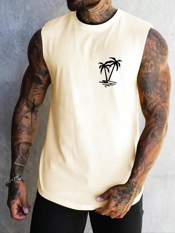 Men's Coconut Tree Print Tank Top, Casual Sleeveless Round Neck T-Shirt for Summer, Fashion Men's Regular Fit Clothes