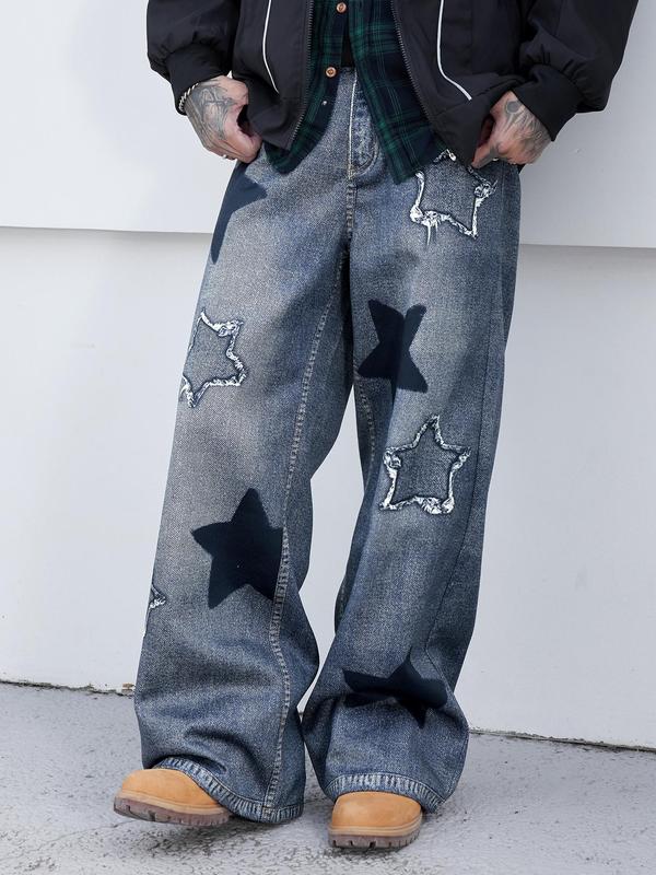 Men's Star Print Pocket Straight Leg Pants, Loose Street Fashion Casual Denim-effect Print Pants for Daily Wear, Mens Bottoms for All Seasons