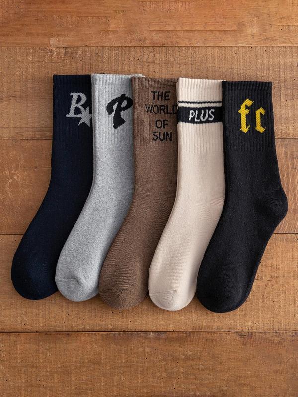 Men's Letter Print Crew Socks, Casual Comfy Socks, Summer Socks Multipack, 5 Pairs Socks for Daily Wear