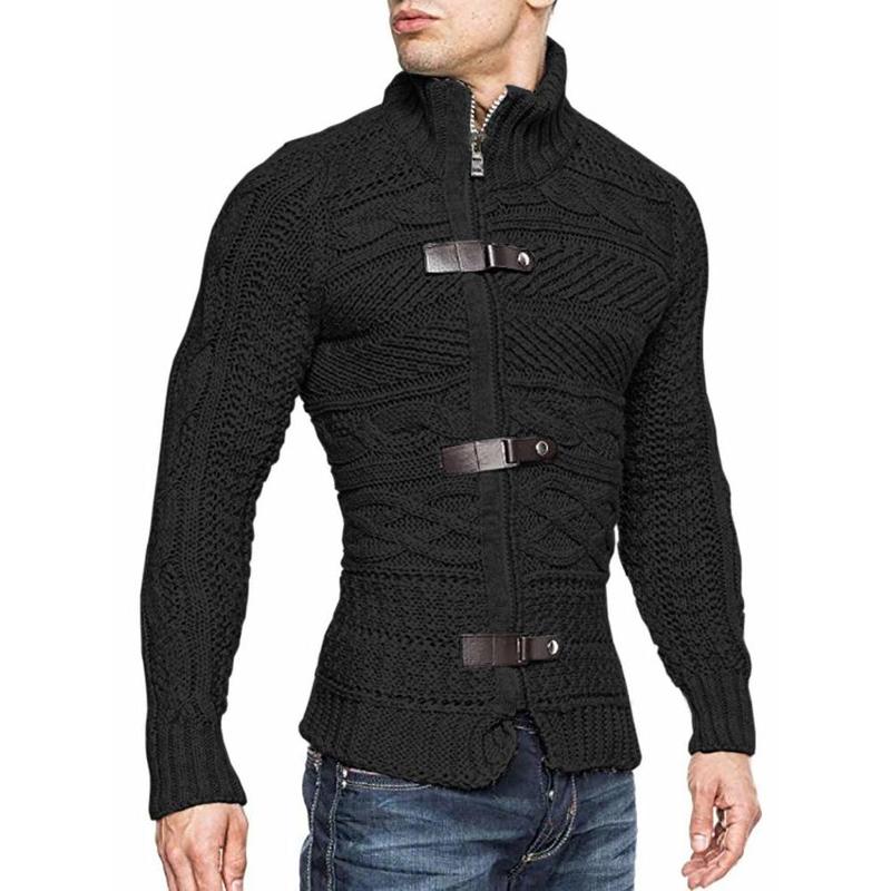 Runcati Men's Cable Knitted Oplique Zip Button Front Long Sleeve Cardigan Sweater